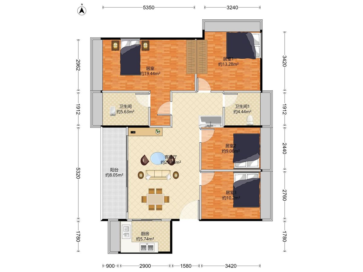景云上辰花园 4房2厅2卫1厨1阳111.0m² 西南