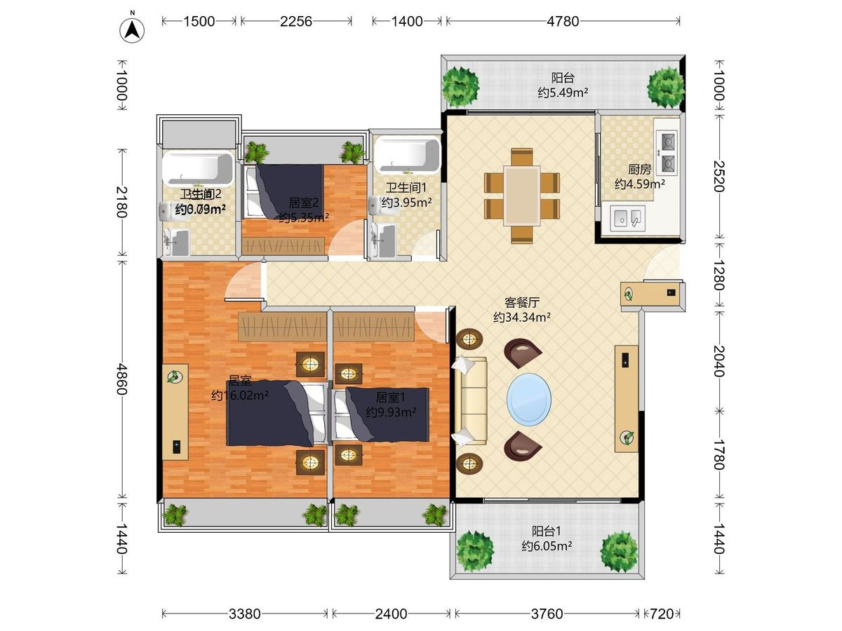 上城御轩 3房2厅2卫1厨2阳106.0m² 南