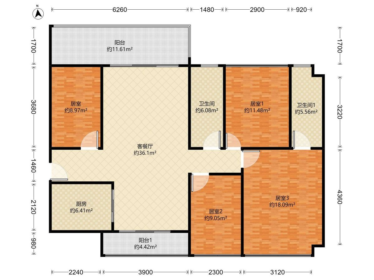 深业颐泽府 4房2厅2卫1厨2阳129.0m² 北