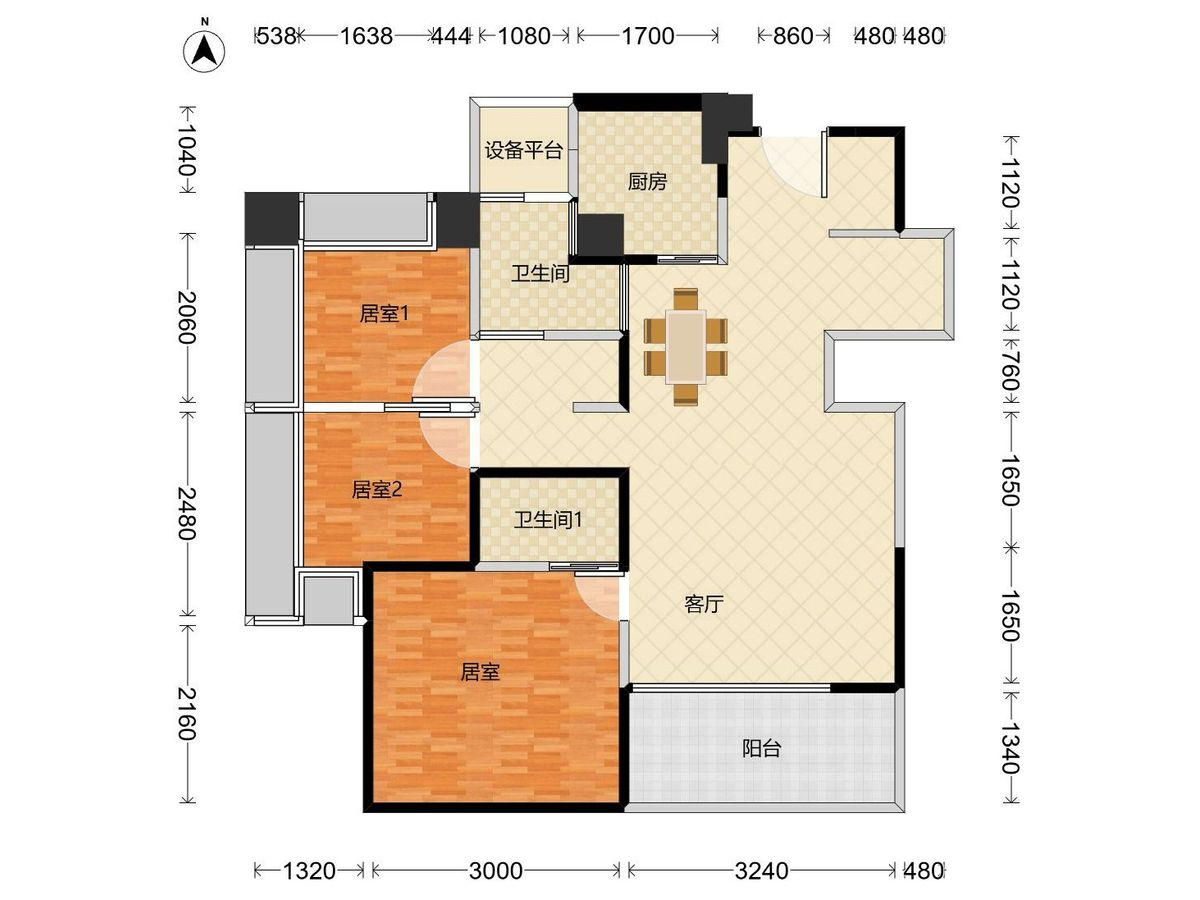 溪山禾玺御府 3房1厅2卫1厨1阳75.0m² 南