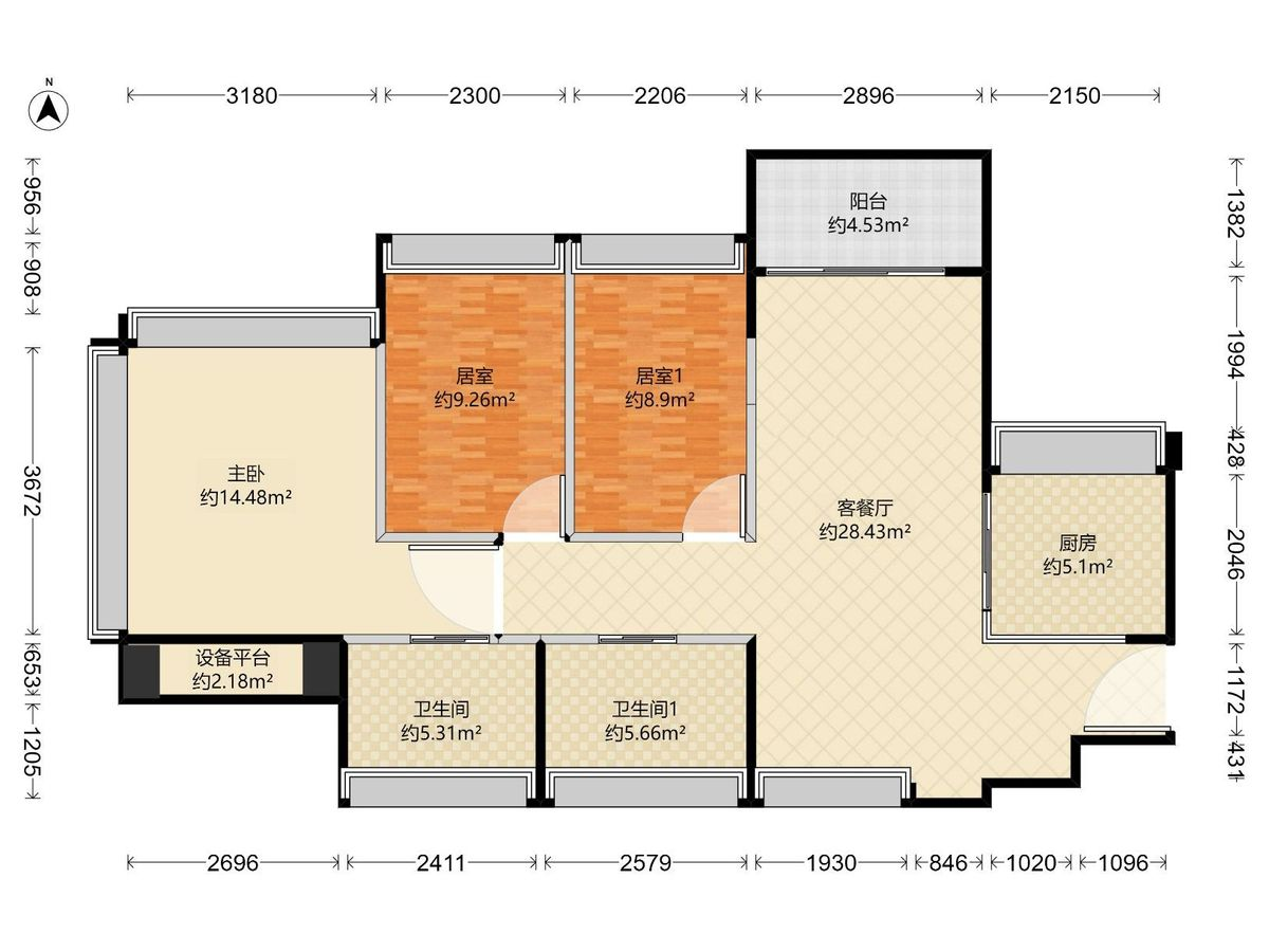 溪山禾玺御府 3房2厅2卫1厨1阳80.0m² 南