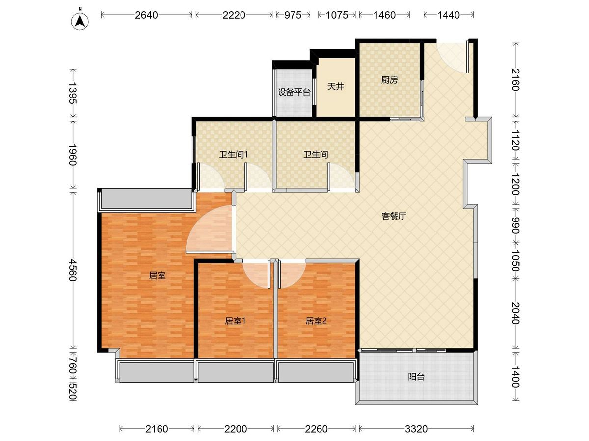 溪山禾玺御府 3房2厅2卫1厨2阳83.0m² 南 1