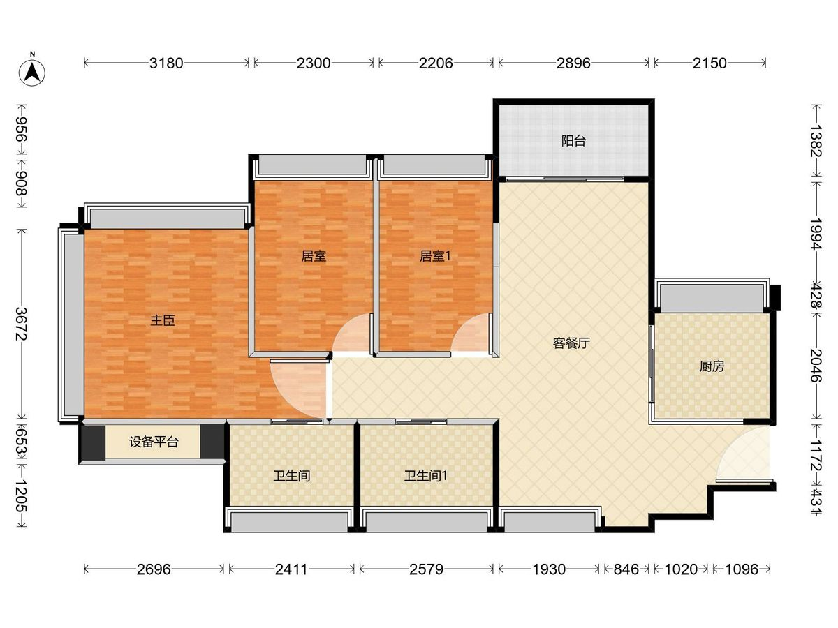 溪山禾玺御府 3房2厅2卫1厨1阳80.0m² 南北