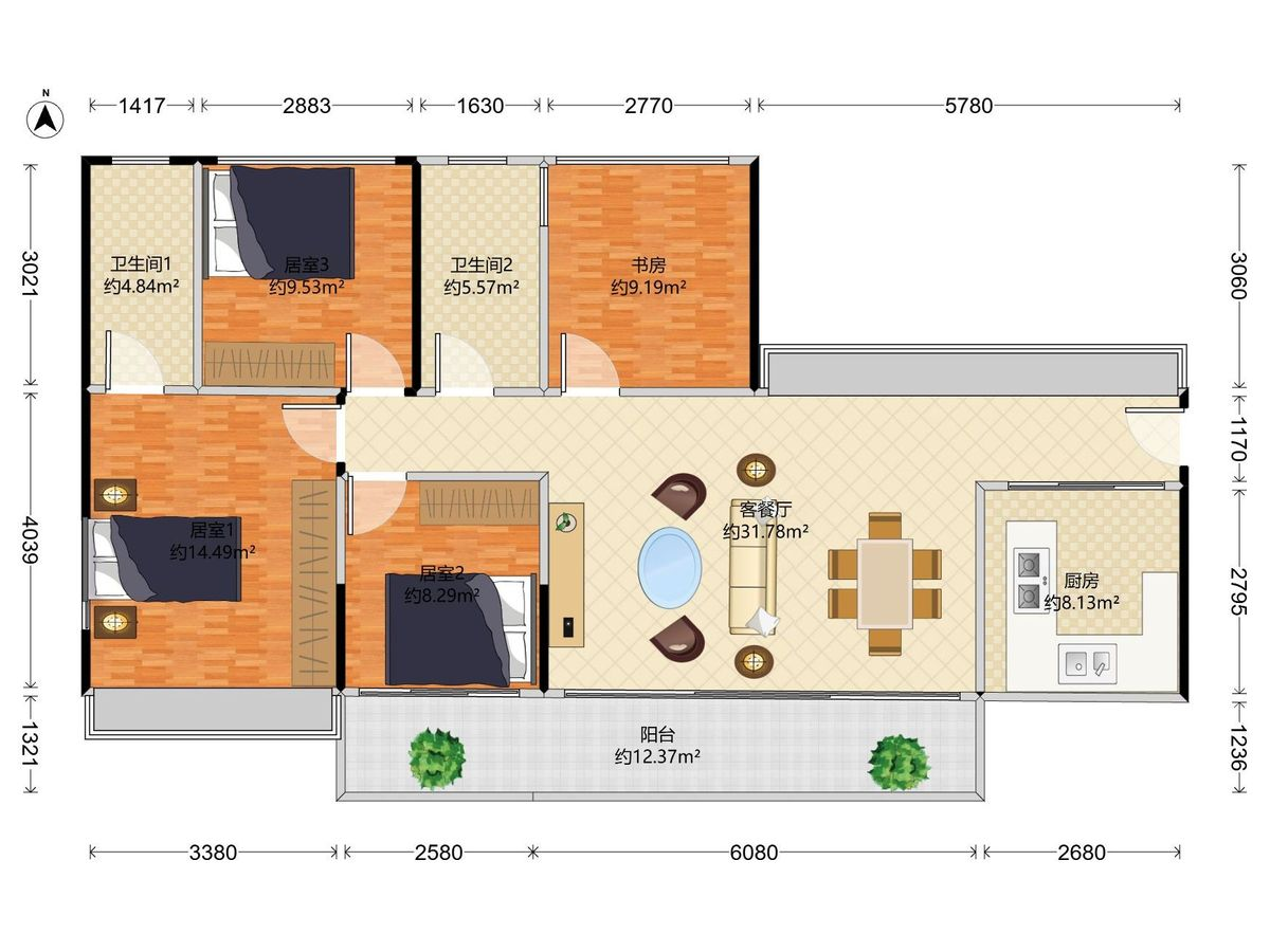 莞月府 4房2厅2卫1厨1阳122.44m² 南