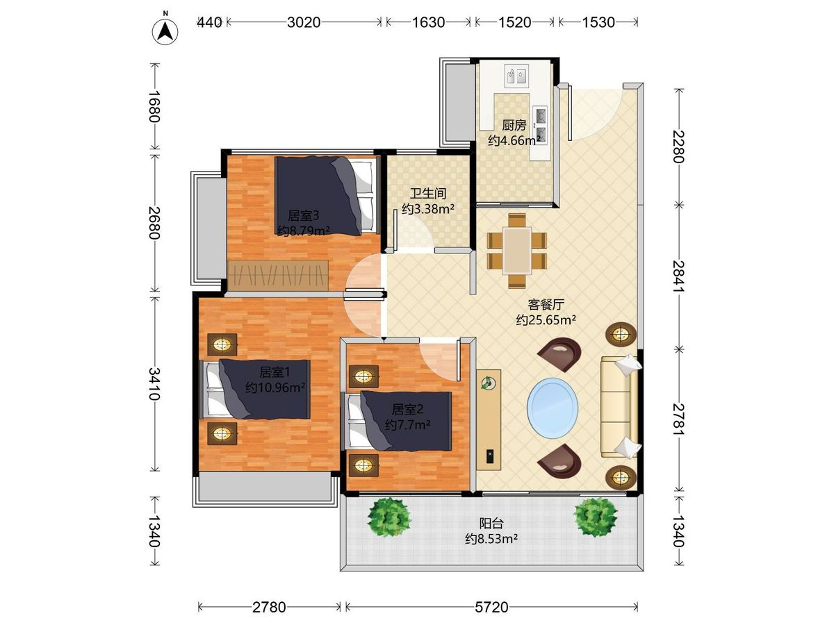 莞月府 3房2厅1卫1厨1阳79.48m² 南