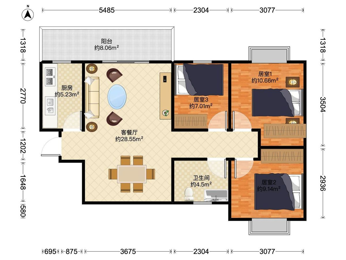 江海碧桂园 3房2厅1卫 90㎡