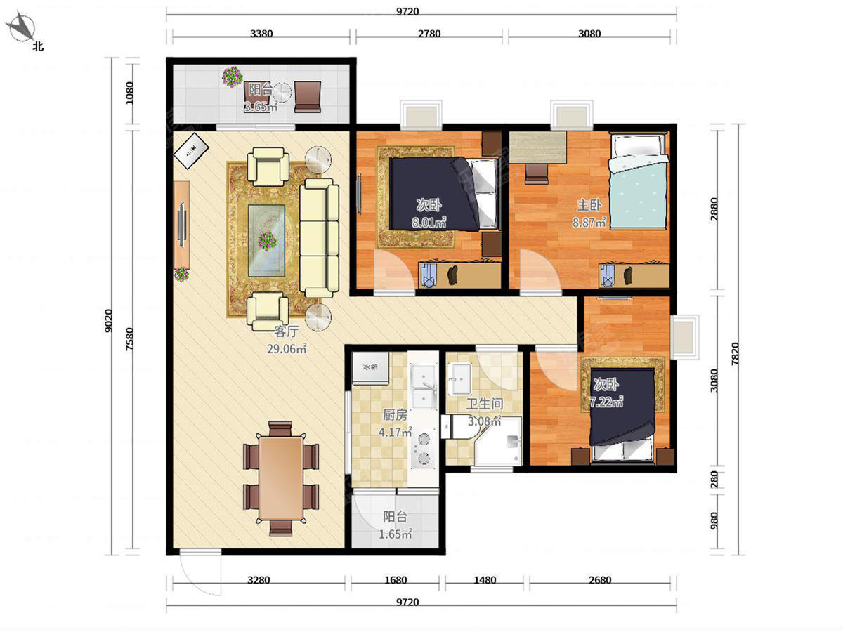 松湖春天 3房2厅1卫 89.02㎡