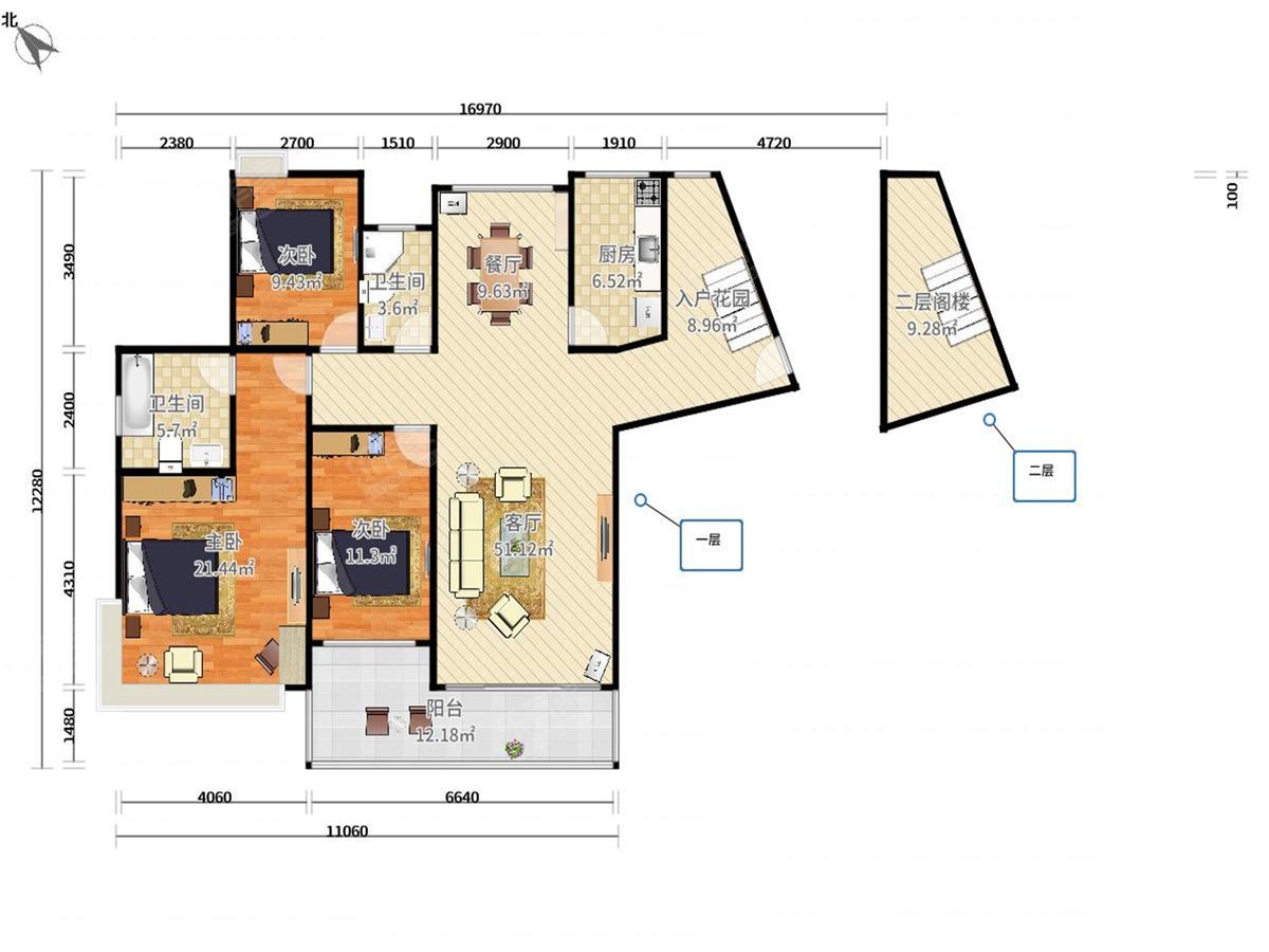 富通城三期 3房2厅2卫 111.73㎡