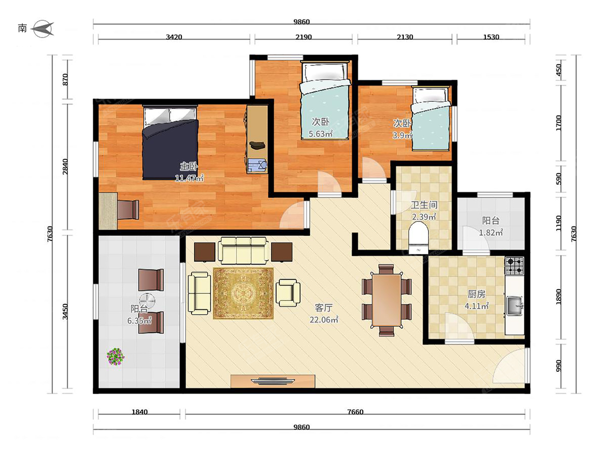 中信水岸城四期 3房2厅1卫 88㎡