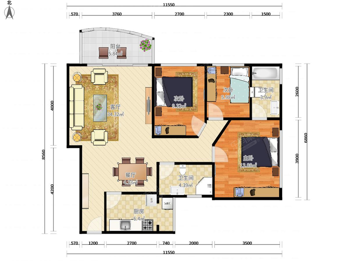 碧海天 3房2厅2卫 97.88㎡