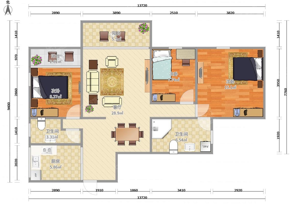 凤山水岸 3房2厅2卫 119㎡