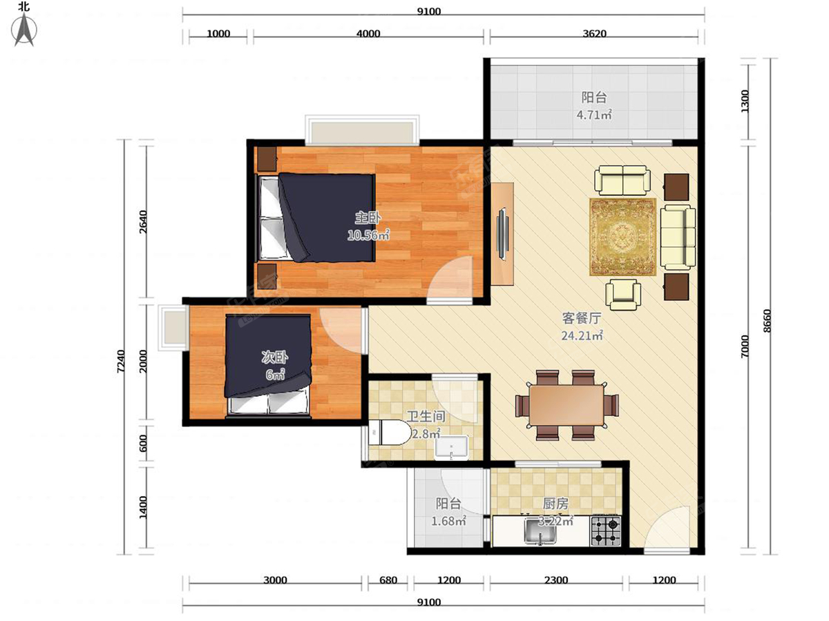 雅居乐约克郡 2房2厅1卫 76.55㎡