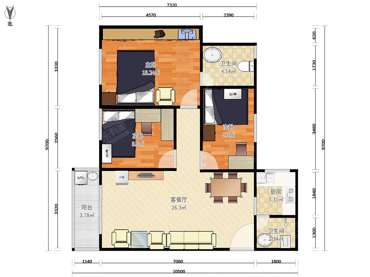 康富花园 3房2厅2卫 105㎡