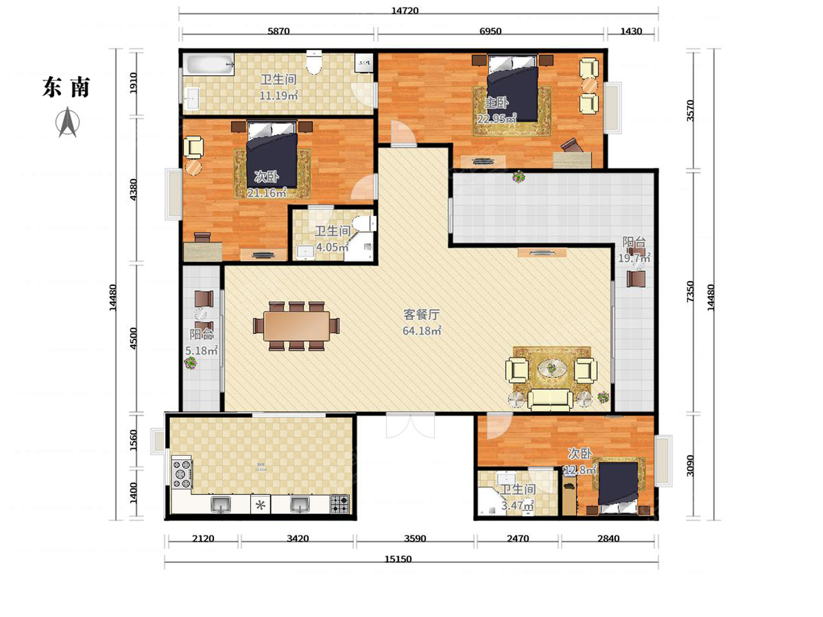 格兰名筑 4房2厅2卫 146㎡