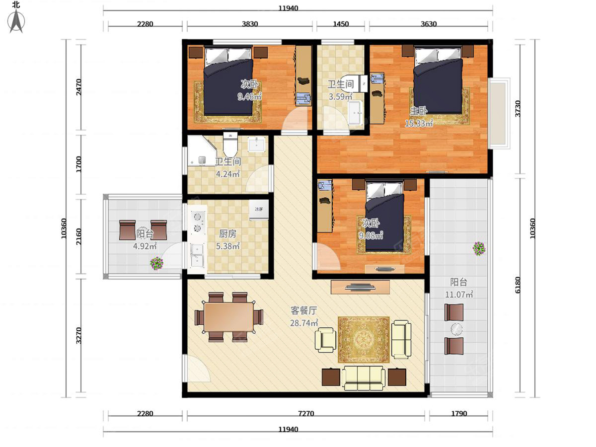 正方盛和苑 3房2厅2卫 125.68㎡