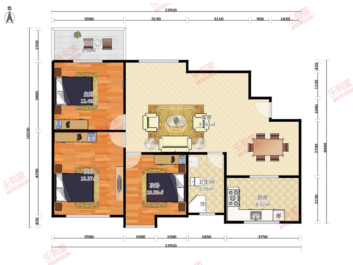 翠海花园一期 3房2厅1卫 91.12㎡