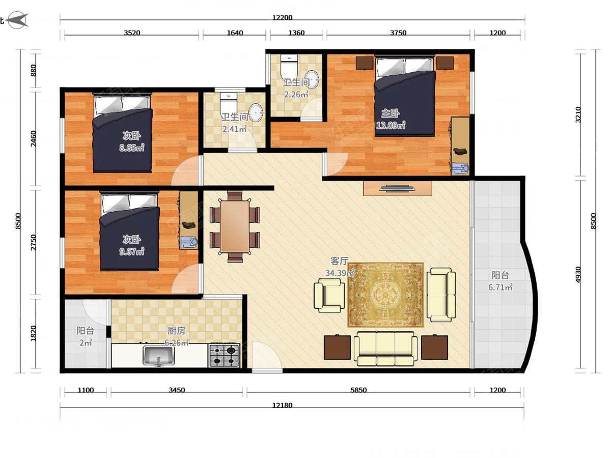 新世纪花园 3房2厅2卫 127㎡