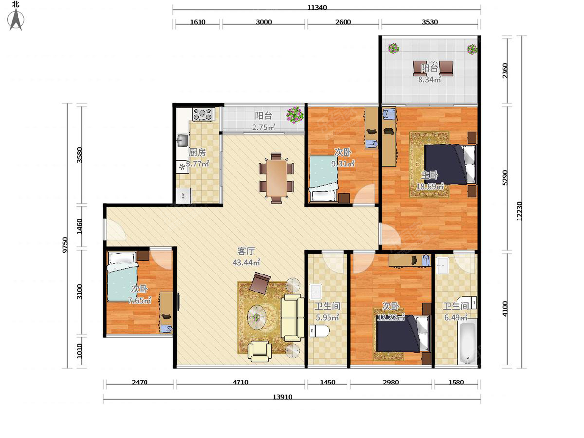 东方沁园二期 南北 精装 3室 2厅 87.97m² 