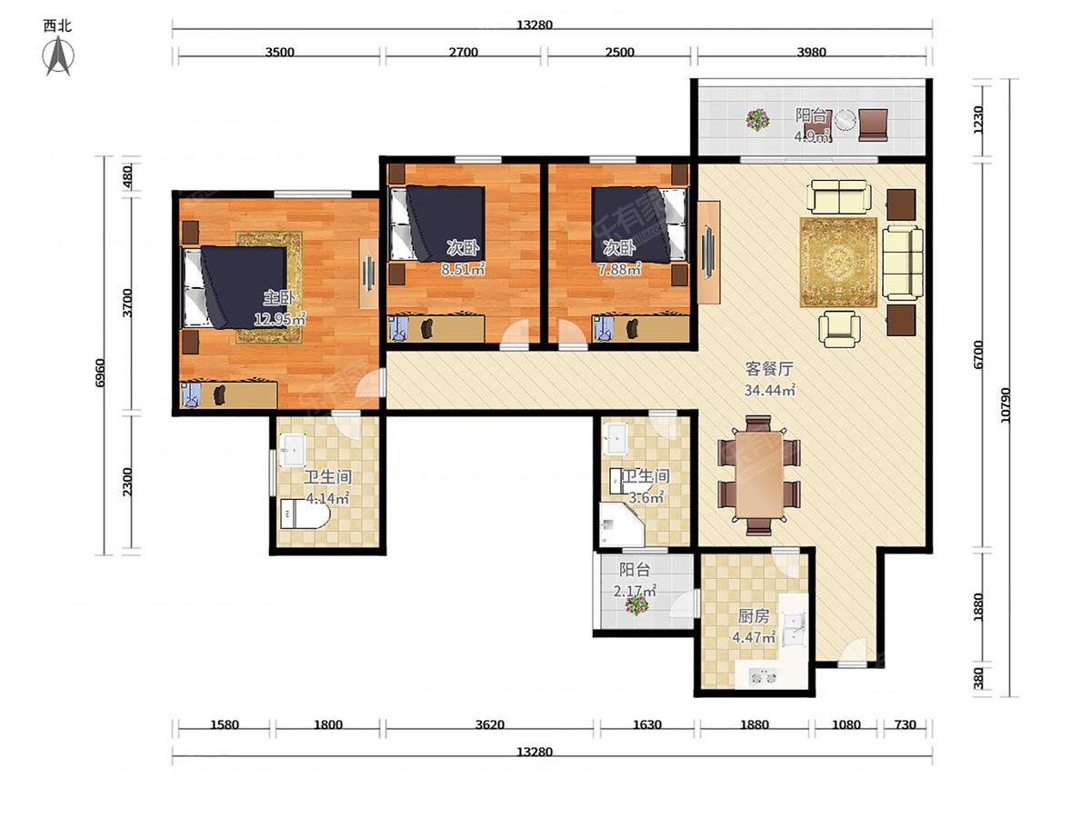 海伦堡花园 3房2厅2卫 103.14㎡