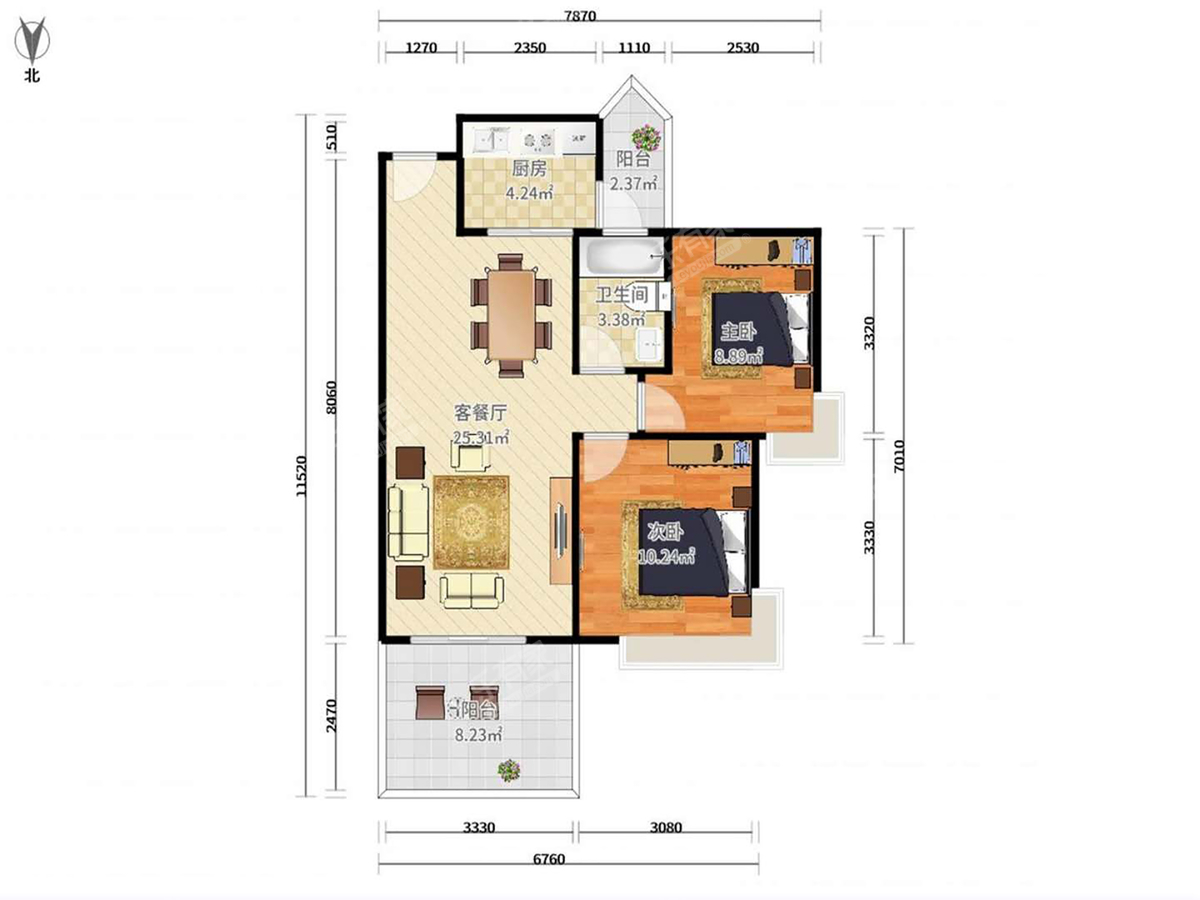 中天彩虹城 2房2厅1卫 69.89㎡
