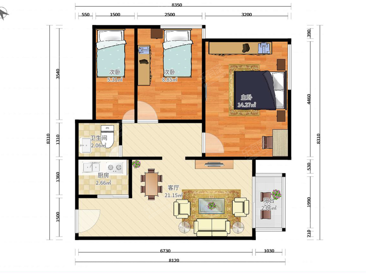 大新城 3房1厅1卫 88.7㎡
