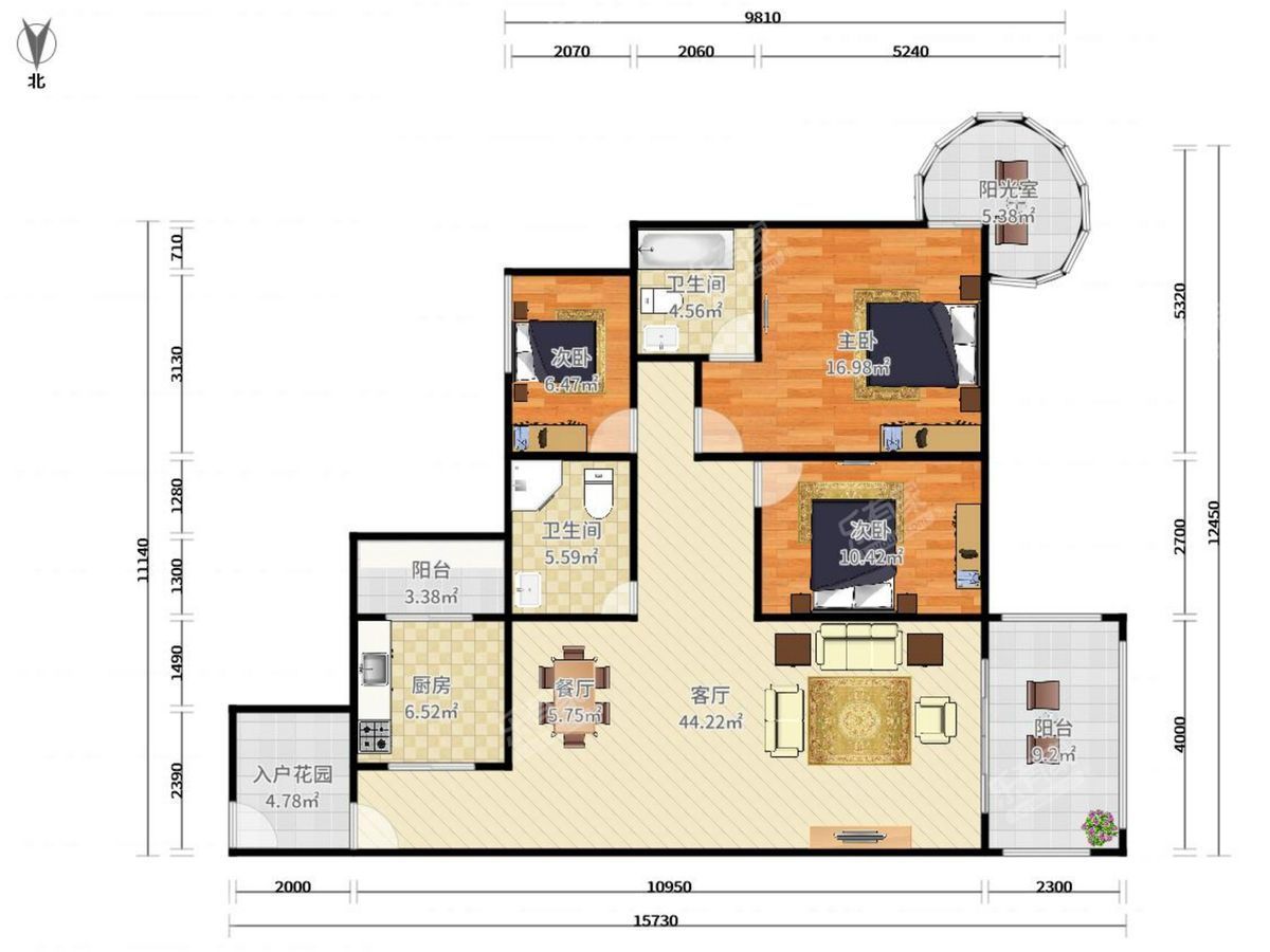 恒宇麓湖 3房2厅2卫 128.2㎡