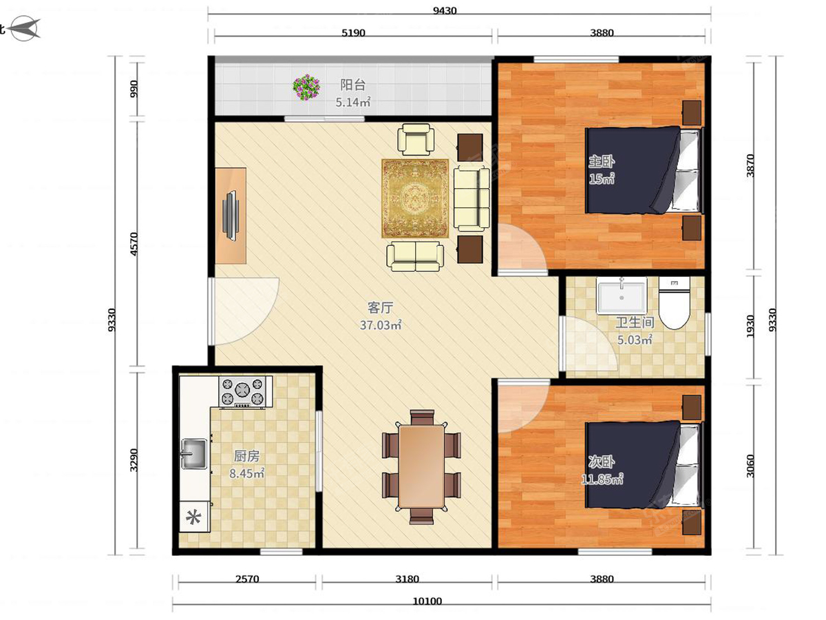 新港花园(中山港) 2房2厅1卫 85.7㎡