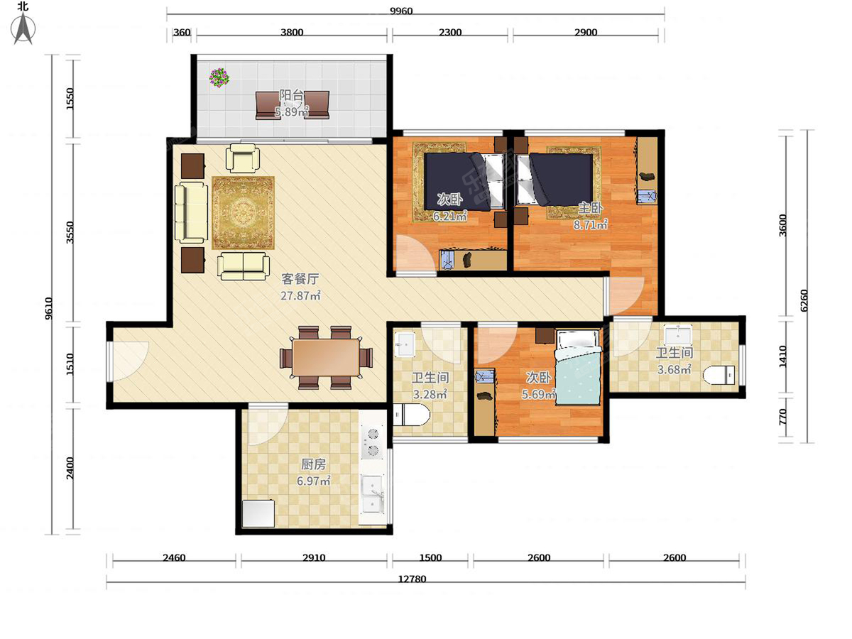 花千树 3房2厅1卫 91.7㎡