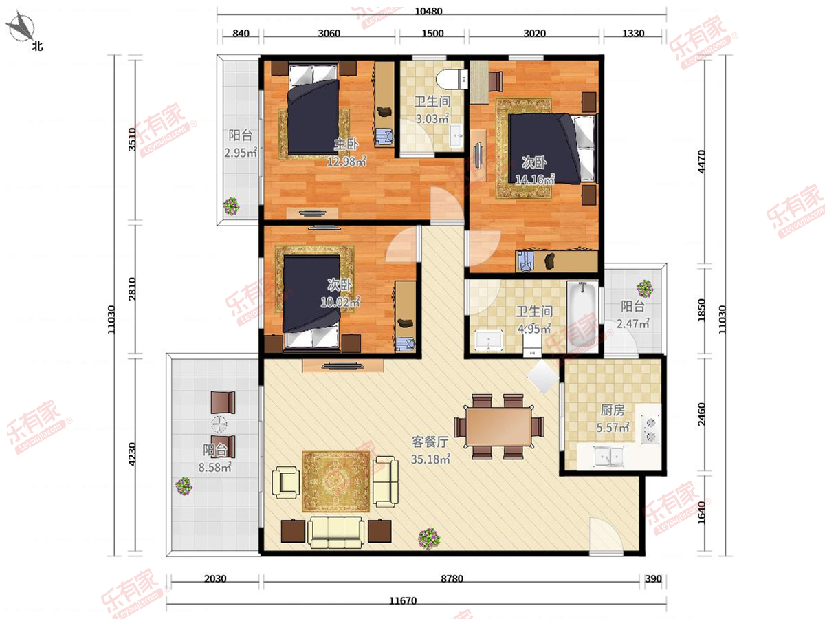 鸿润花园 3房2厅2卫 126.8㎡