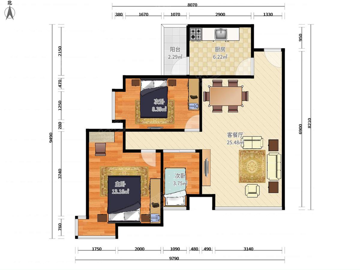 东门天地大厦 西北 普装 3室 2厅 90m²