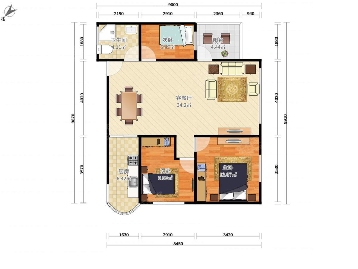 富铭花园 3房2厅1卫 75.63㎡