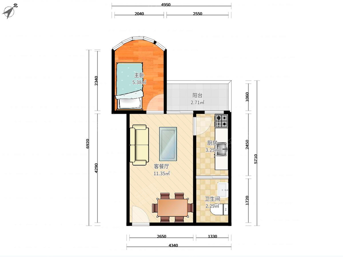 联城美园 1房1厅1卫 36.25㎡