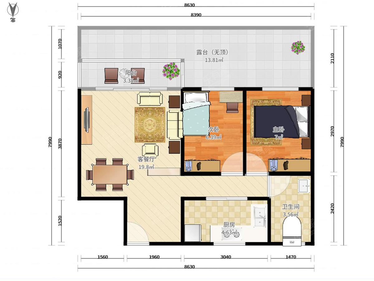 五洲花城B区 2房2厅1卫 65㎡