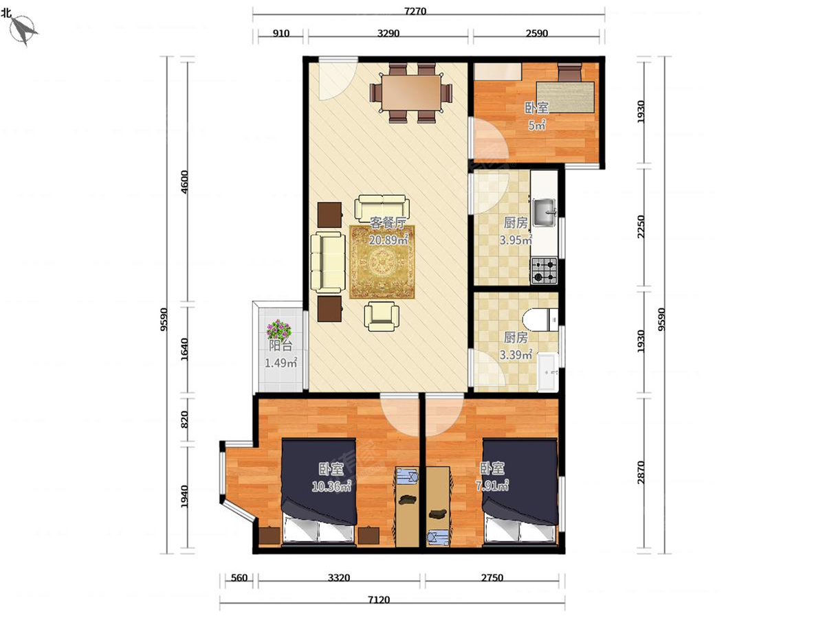 中兆花园 3房2厅1卫 68㎡