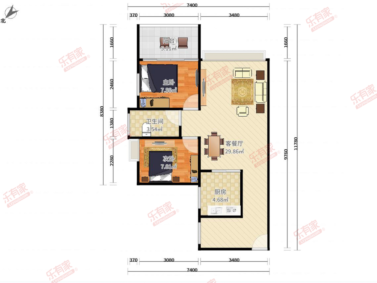 公园大地花园八期 2房2厅1卫 78㎡