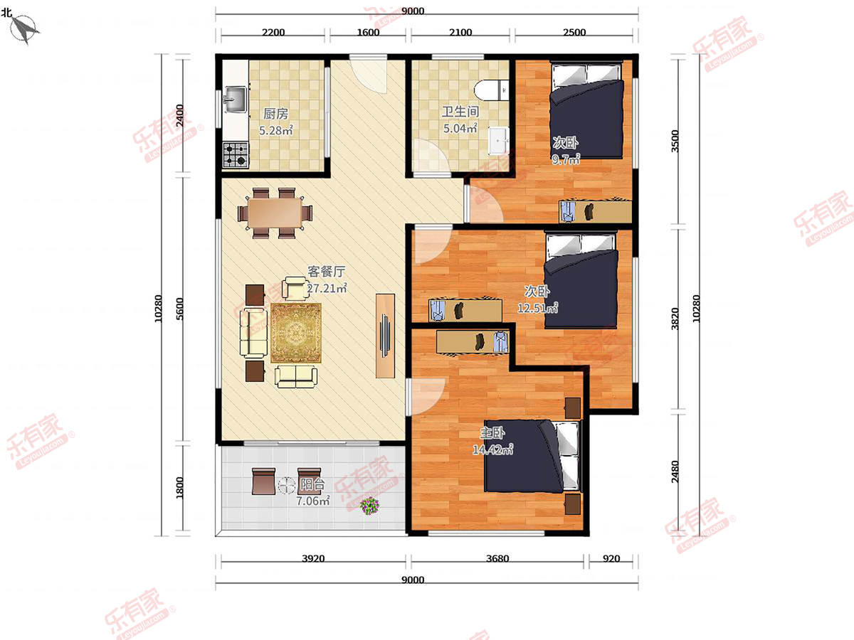 金地国际公寓 3房2厅1卫 90㎡