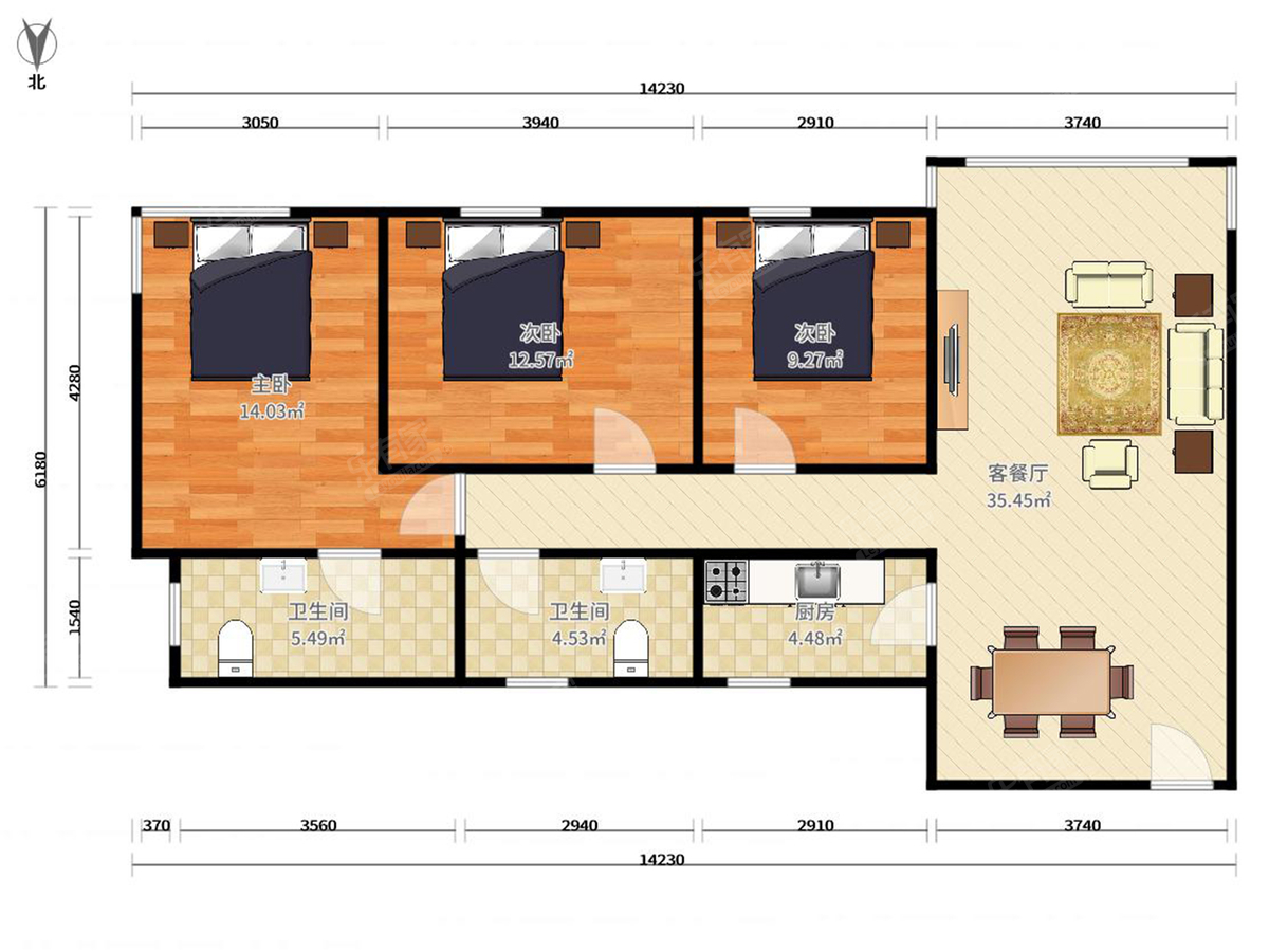 海华阁 3房2厅2卫 117㎡
