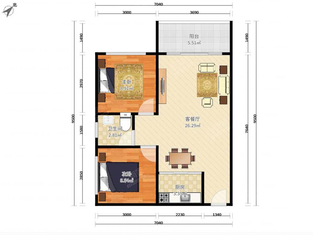 创富时代名苑 2房2厅1卫 72.8㎡
