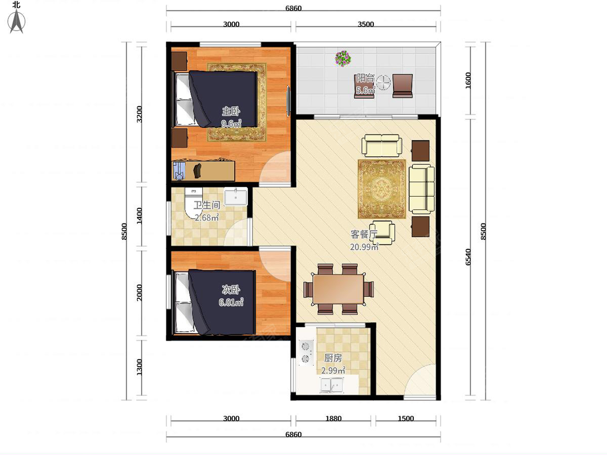 海燕玉兰花园 2房2厅1卫 68㎡