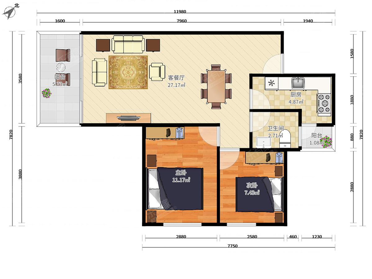 TCL康城四季花园 2房2厅1卫 77㎡