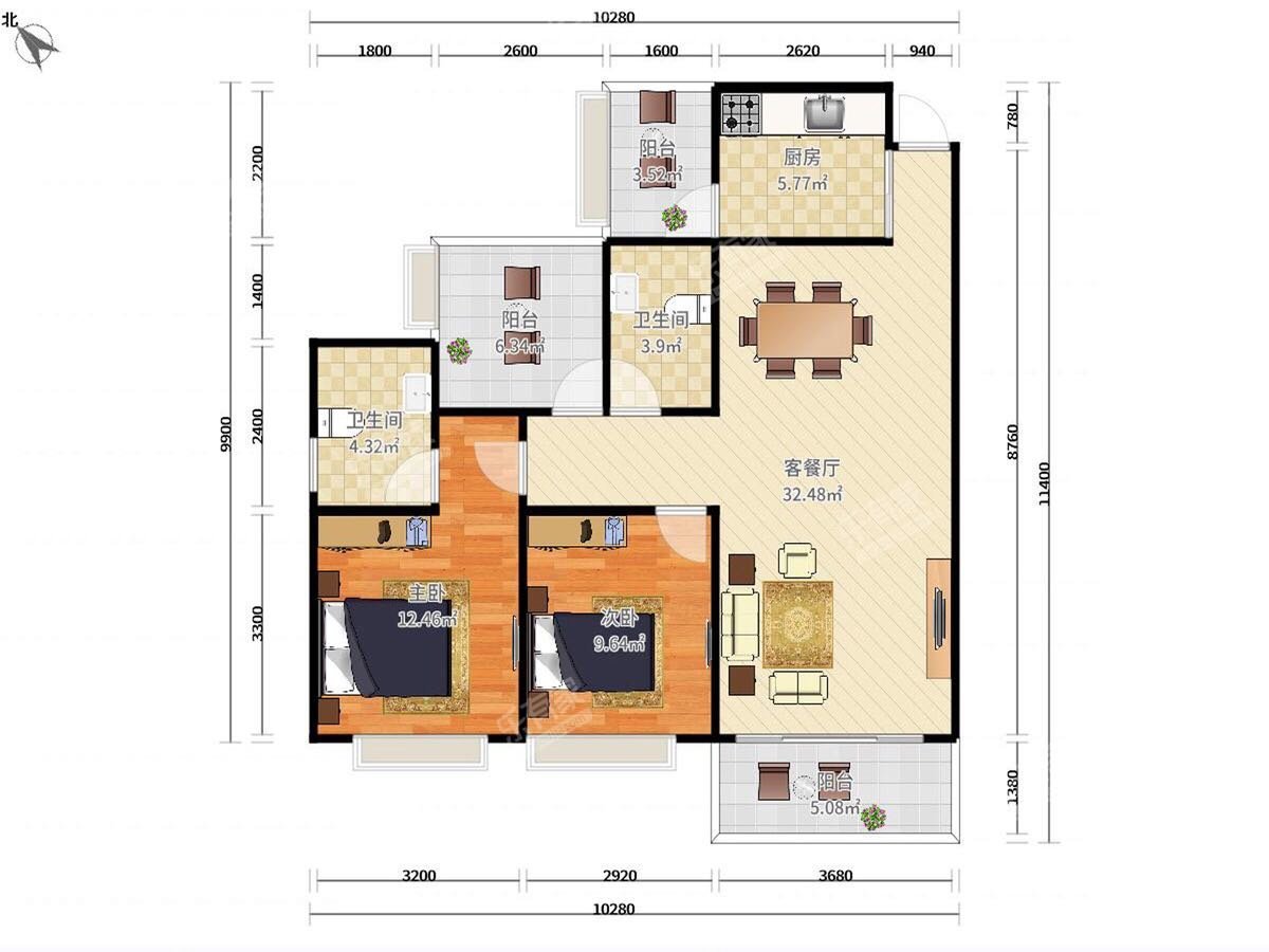 龙光城北十一期 3房2厅2卫 97㎡