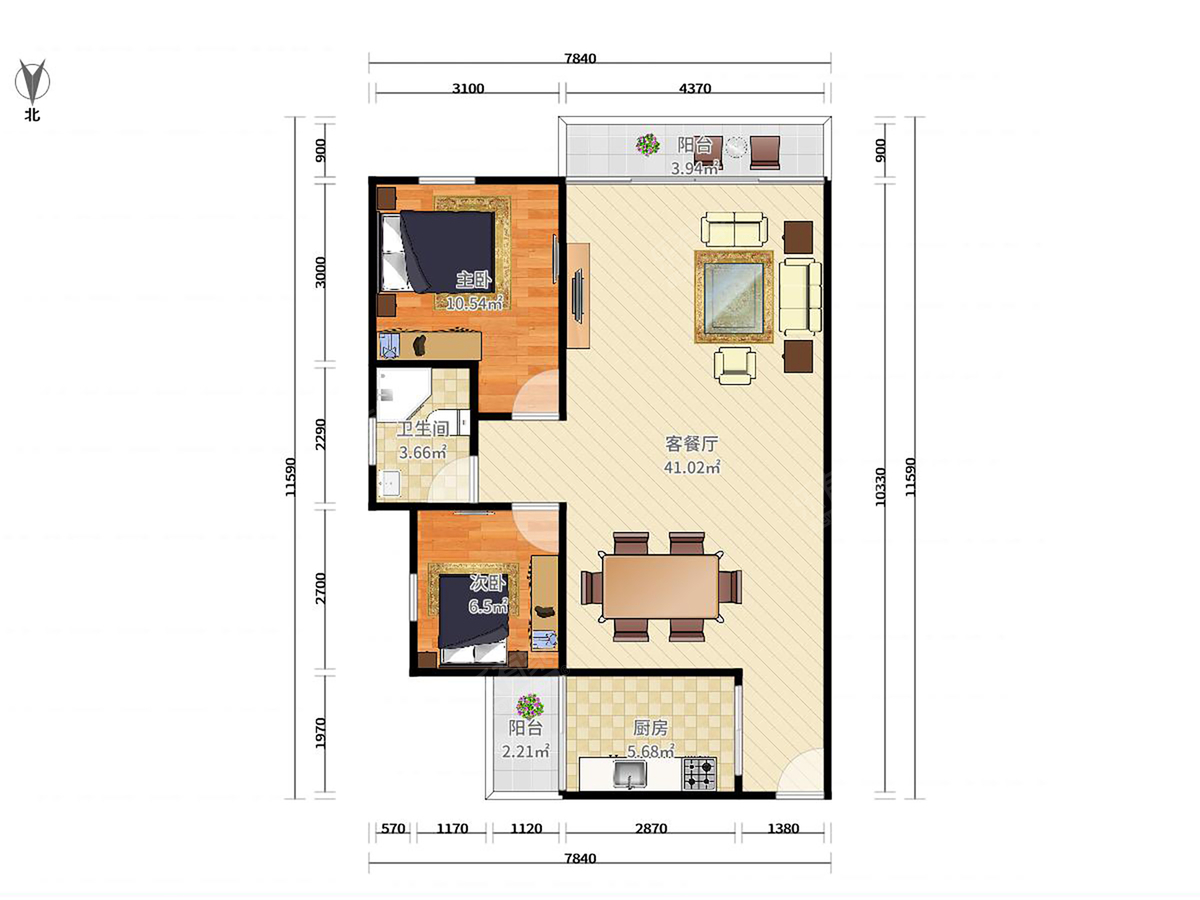 恒大城 2房2厅1卫 71㎡