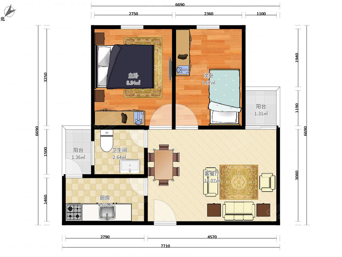 新城东方丽园 2房1厅1卫 67.03㎡