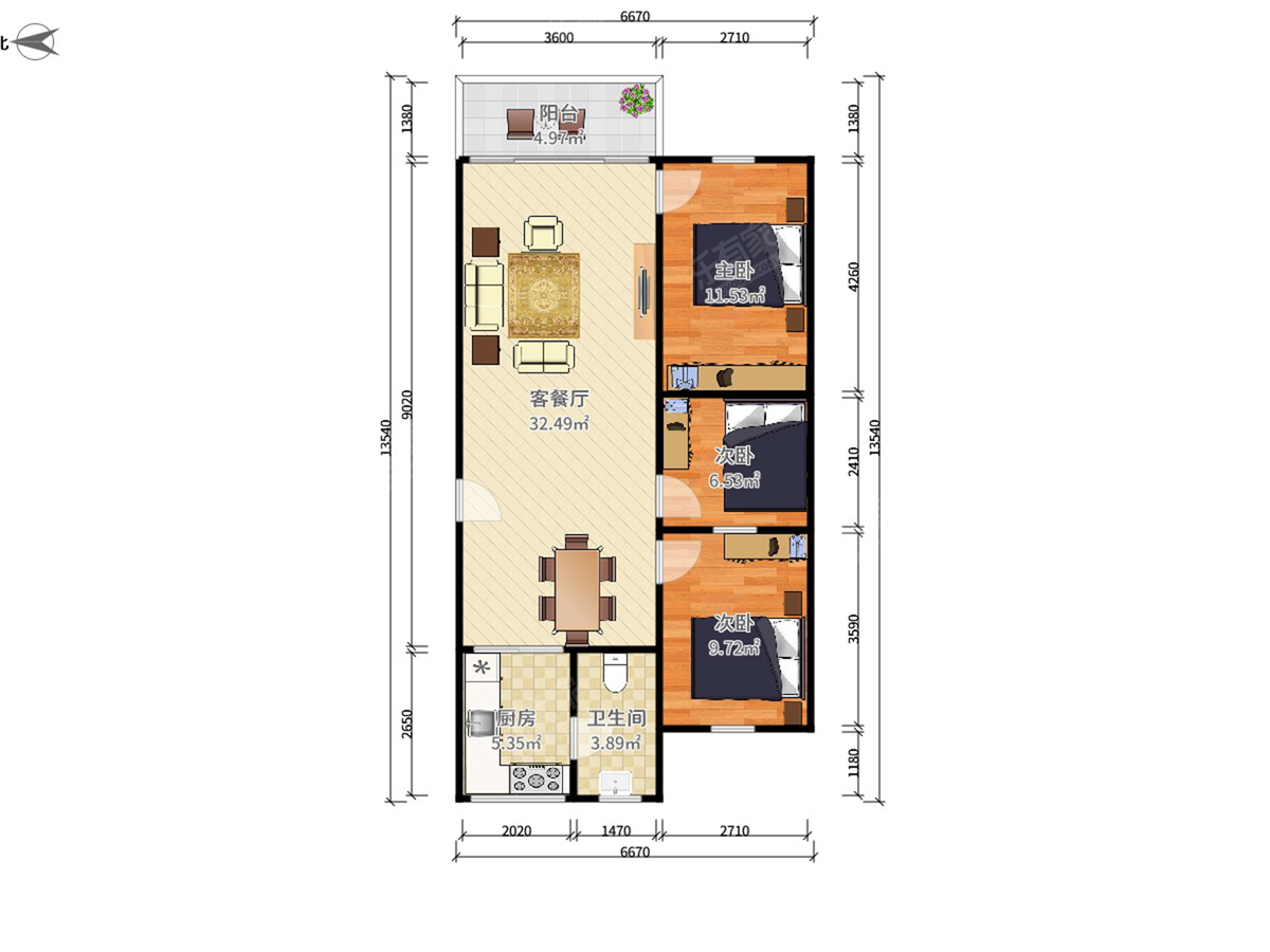 天朗花园 3房2厅1卫 86㎡