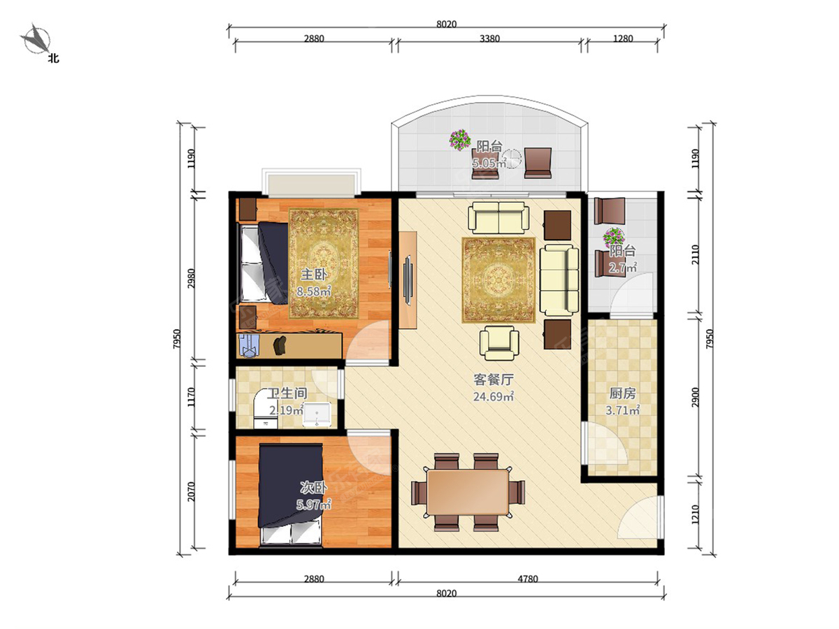 薪愿居二期 2房2厅1卫 69㎡