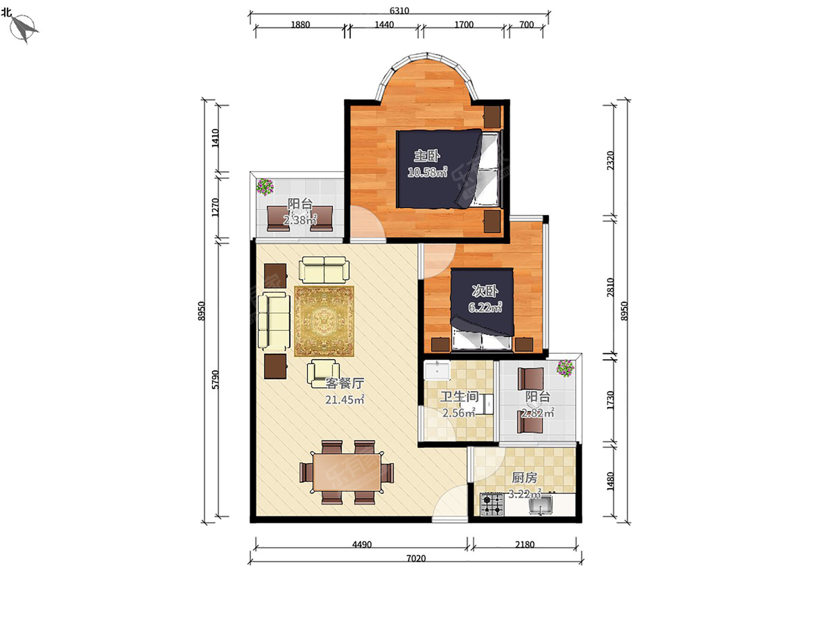 中兆花园 2房2厅1卫 64.59㎡