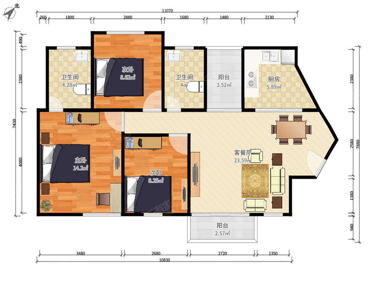 丰泰东海城堡 3房2厅2卫 98㎡