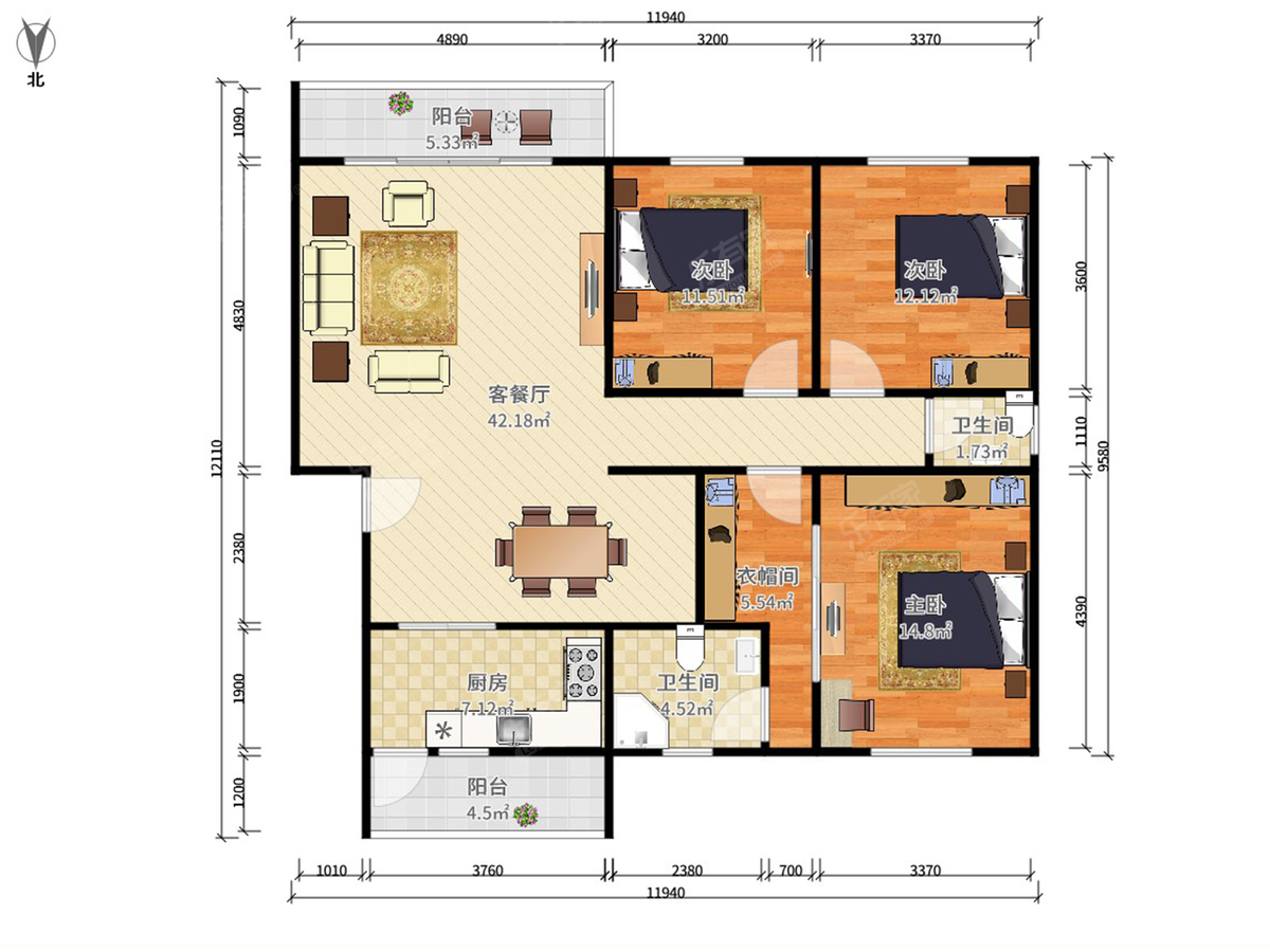 恒基花园一期 3房2厅2卫 108.88㎡