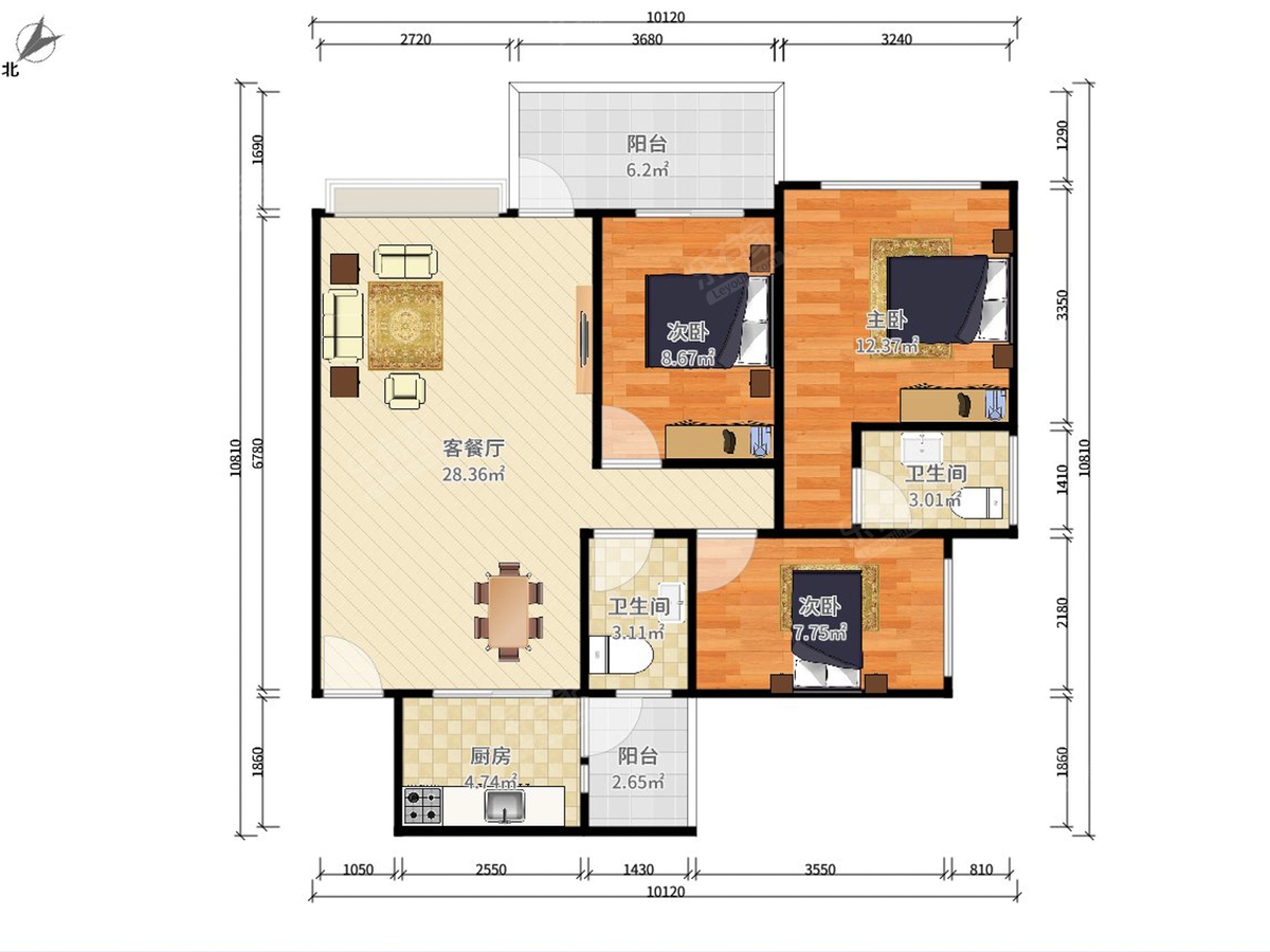 绿景城市立方东南精装3室2厅87.89m²-中山绿景城市立方租房