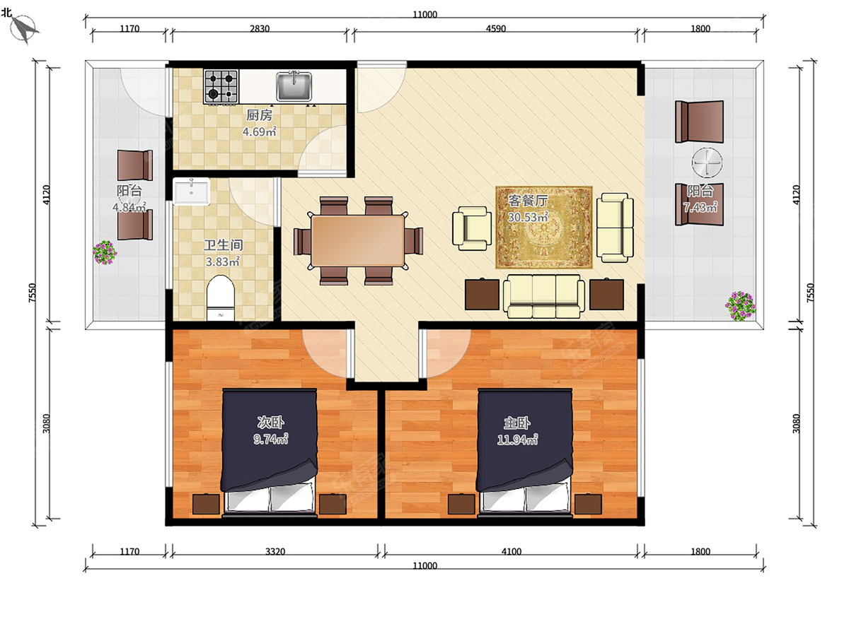 茂业城 2房2厅1卫 77.34㎡